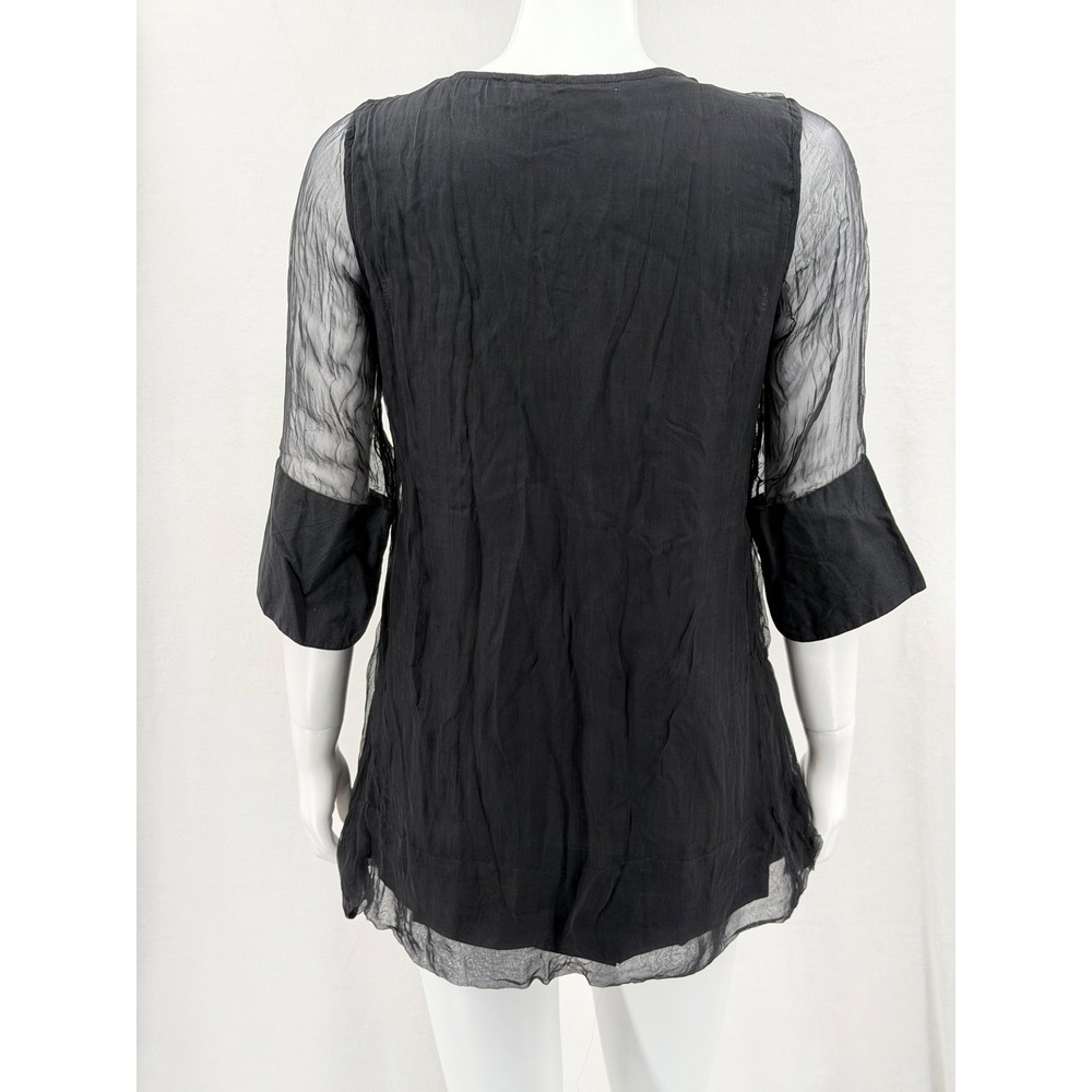 Gretchen Scott Top Womens Medium Black Pintuck Pleated Sheer Sleeve Witchy Tunic - Picture 5 of 12